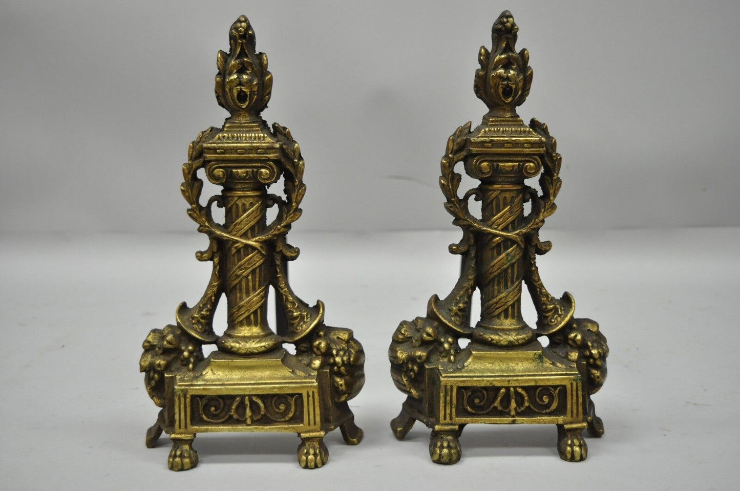 Pair of Small French Empire Louis XVI Style Brass Column & Flame Finial Andirons