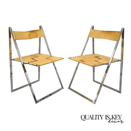 Fontoni & Geraci Italian Modern Chrome & Leather Elios Folding Chairs (B) - Pair