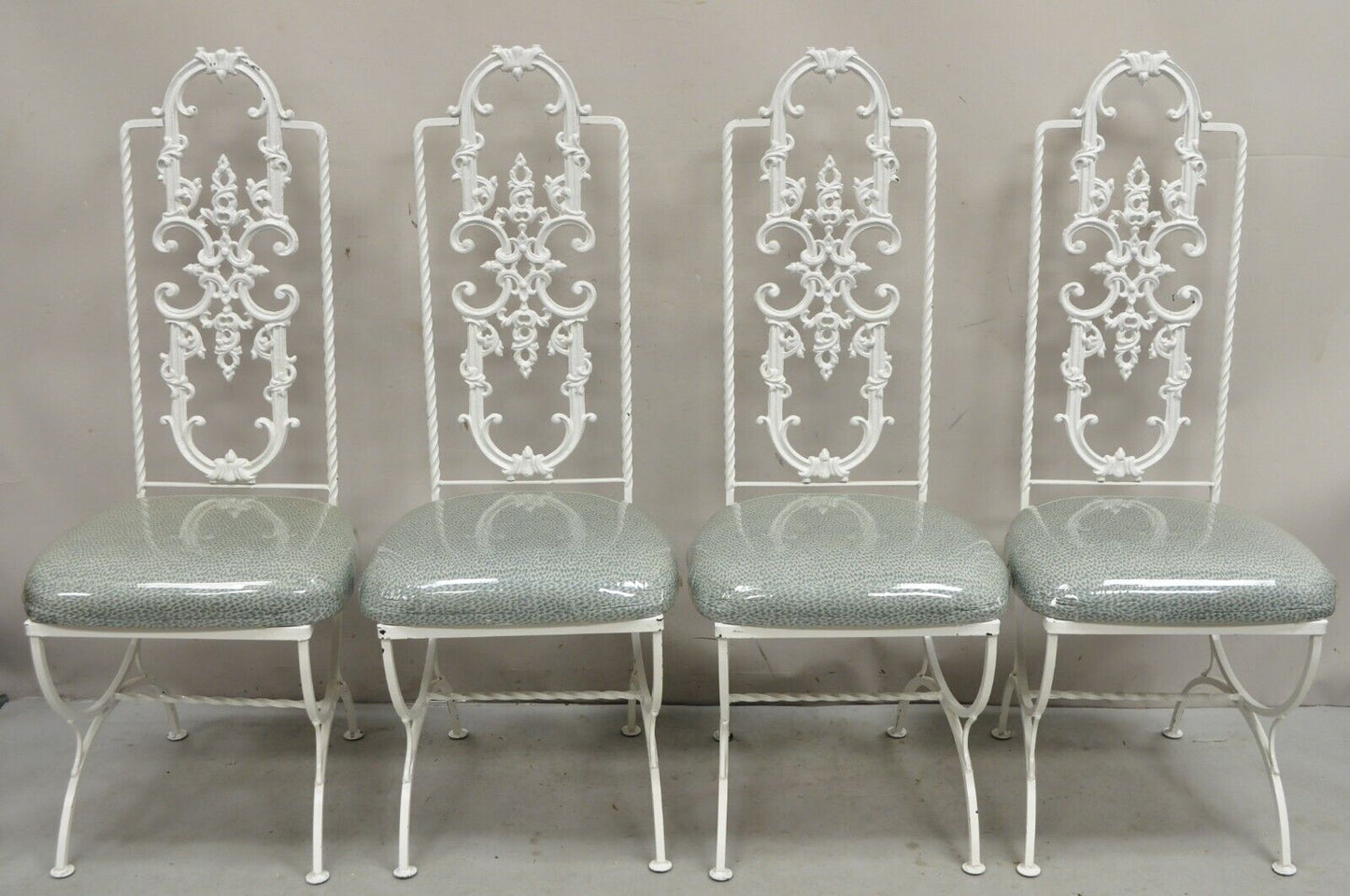 Vintage Hollywood Regency White Ornate Wrought Iron Scroll Dining Set - 5 Pc Set