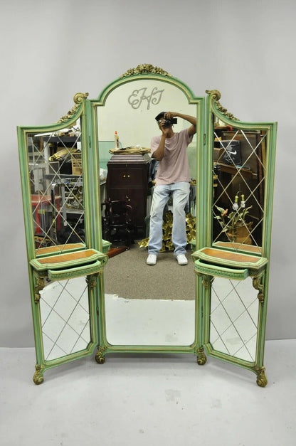 Antique French Louis XV Green Gold 3 Panel Folding Dressing Vanity Screen Mirror