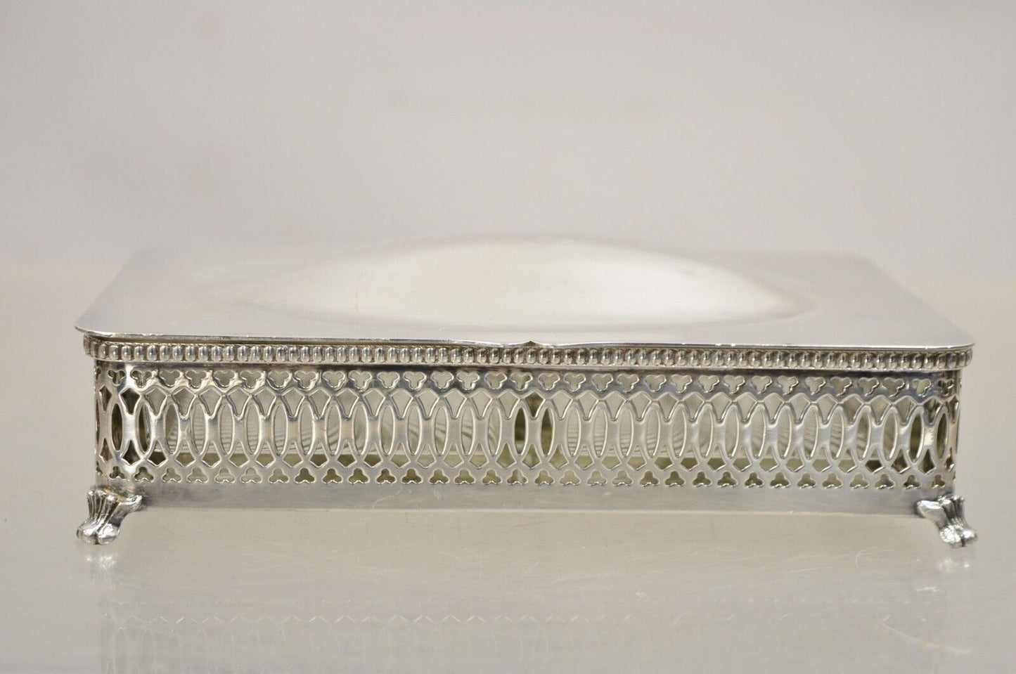 Vintage Crescent Pierced Fretwork Silver Plated Hinged Box Sectioned Glass Liner