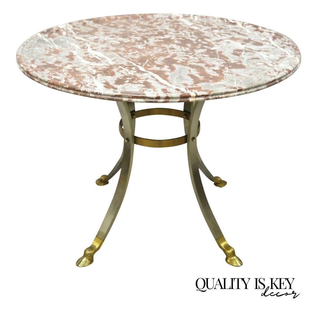 Italian Neoclassical Brass Hoof Foot 32" Round Rouge Marble Top Center Table