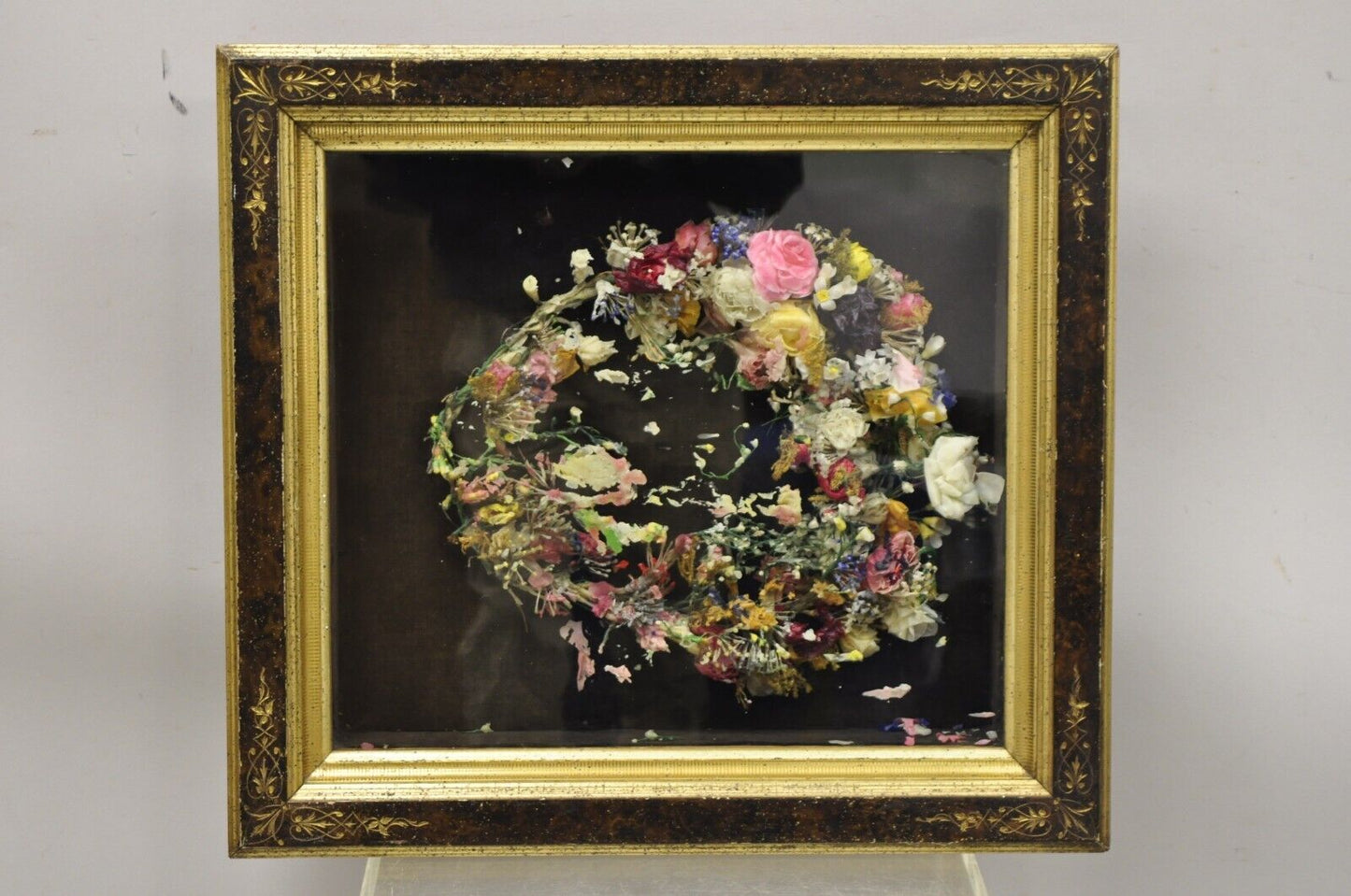 Antique Victorian Wax Flower Floral Mourning Wreath Shadow Box Frame Oddity