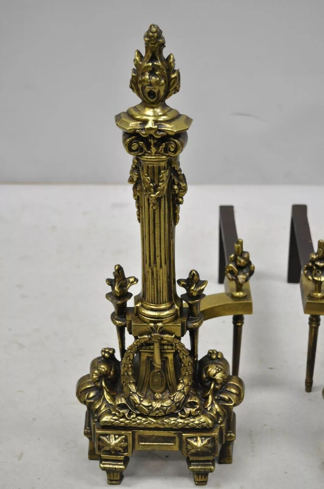 Vintage French Empire Brass Bronze Column Flame Finial Fireplace Andirons - Pair