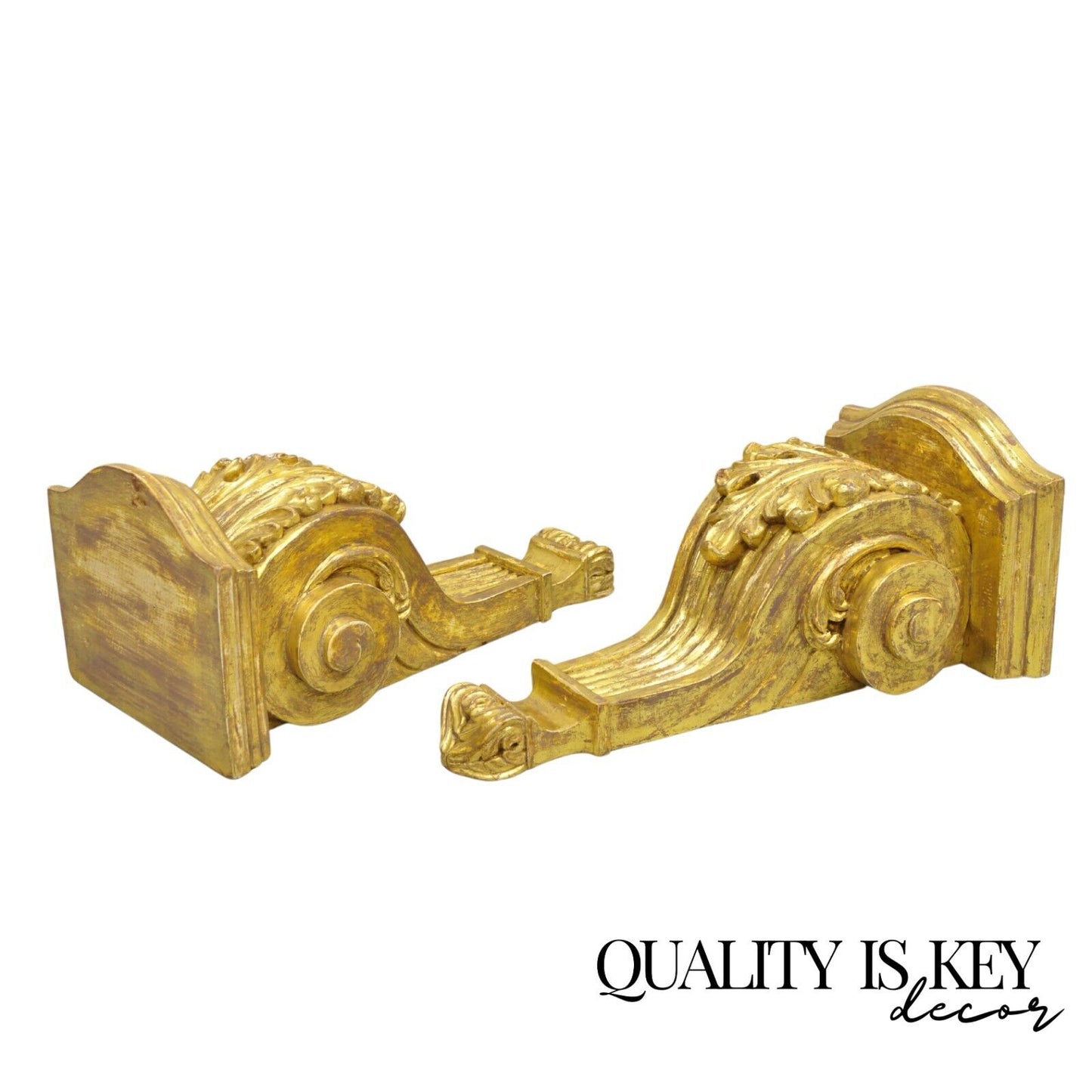 Gold Giltwood French Louis XV Style Wood Acanthus Corbel Large Wall Shelf Pair