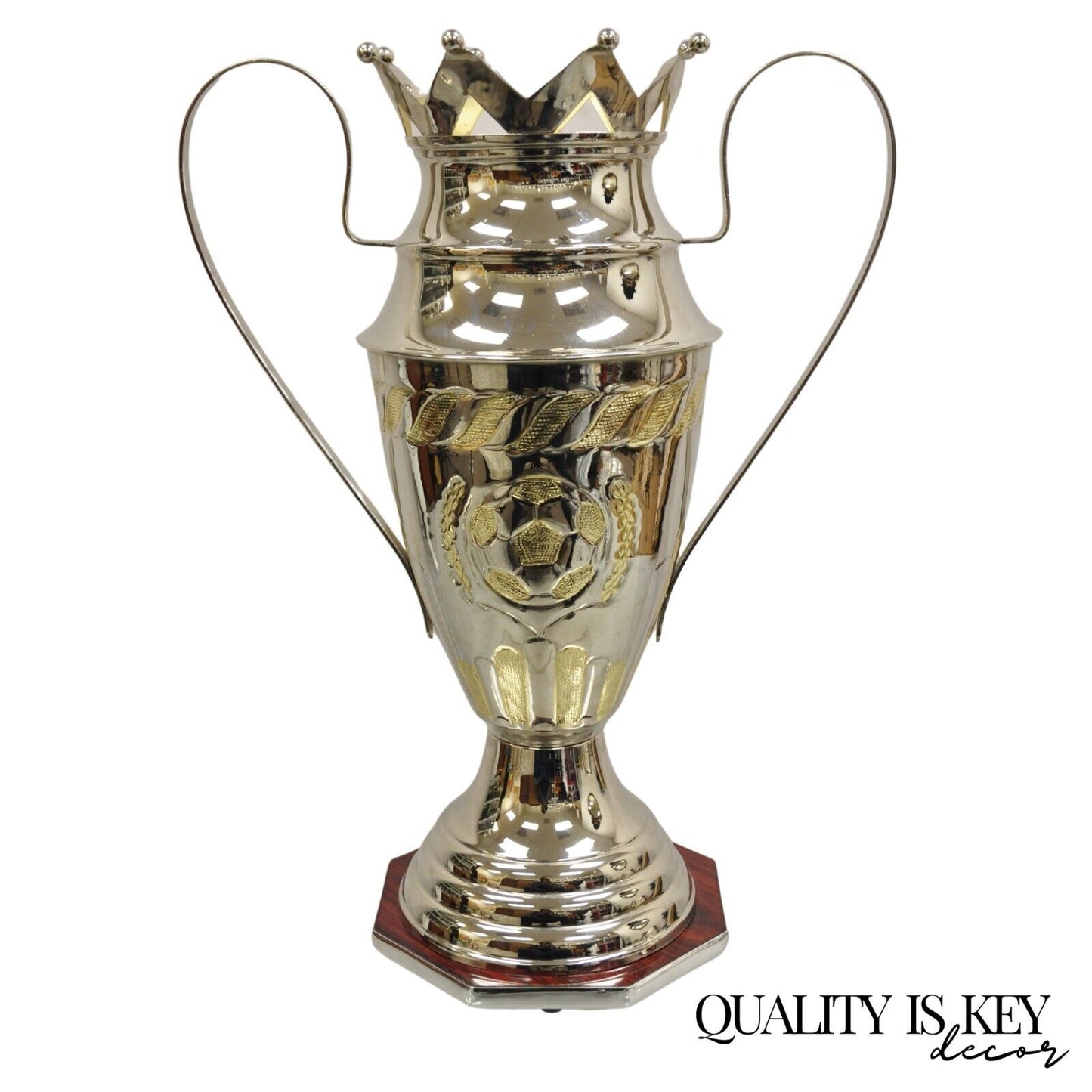 Large Modern Soccer Futbol Twin Handle Silver Metal Trophy Cup Award With Crown