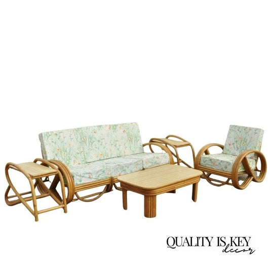 Vintage Beverly Hills Rattan Bamboo Pretzel Sunroom Living Room Sofa Set - 5 Pcs