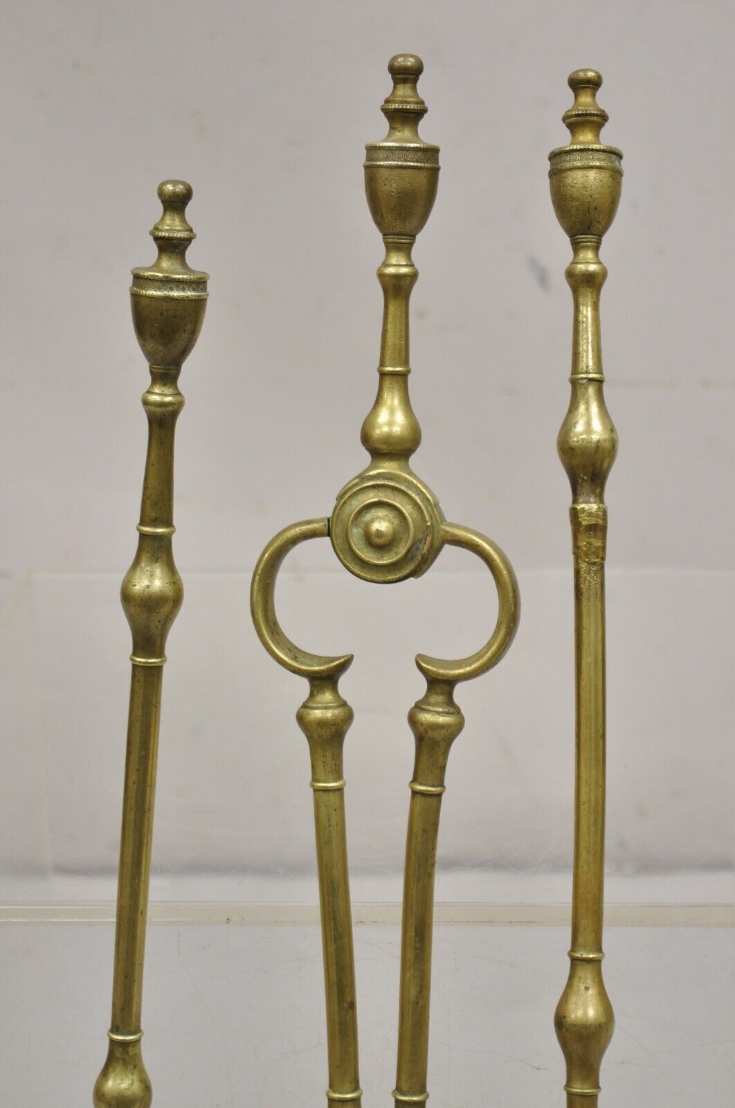 Antique English Federal Sheraton Brass Urn Finial Fireplace Tool Set (B) - 3 Pcs