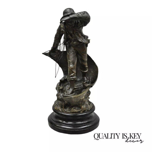 Antique French Spelter Metal Sailor Watchman on Ship Wooden Base, Made in France