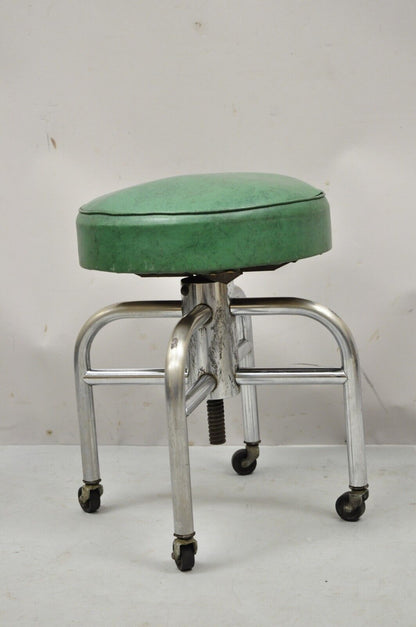 Antique American Industrial Metal Green Vinyl Rolling Work Stool Seat