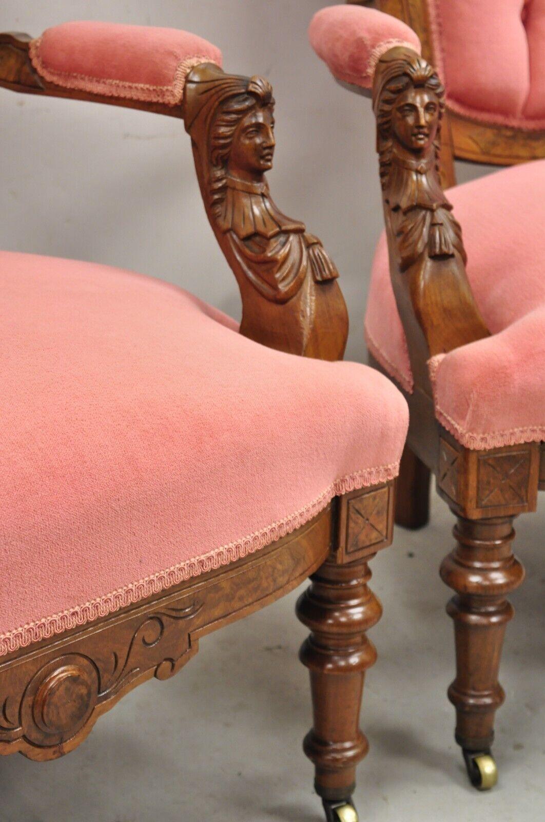 John Jelliff Victorian Renaissance Carved Walnut Figural Parlor Armchairs - Pair