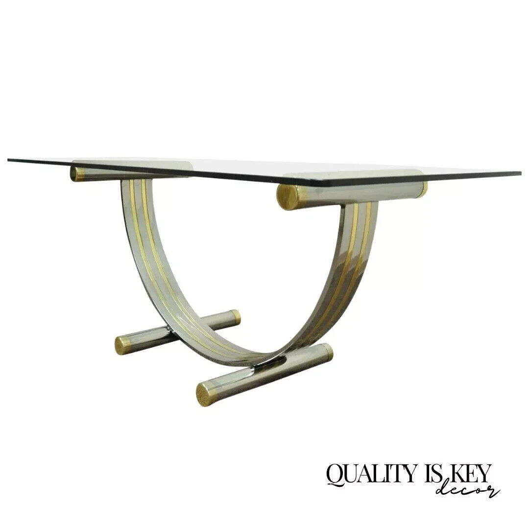 Mid Century Modern Romeo Rega Style Chrome Brass and Glass Arch Dining Table