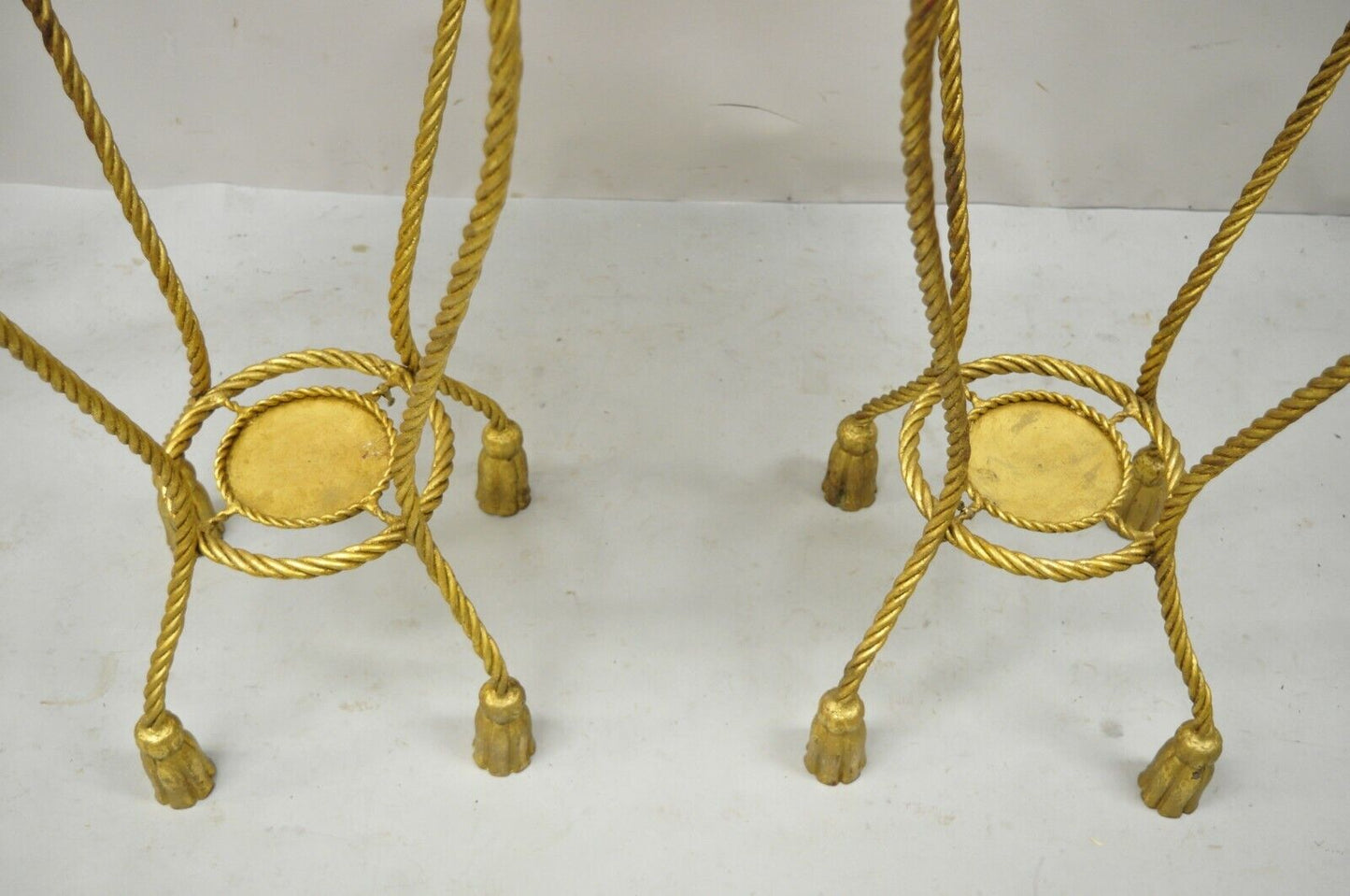 Italian Gold Gilt Iron Rope Tassel Marble Top Tall Pedestal Plant Stand - a Pair