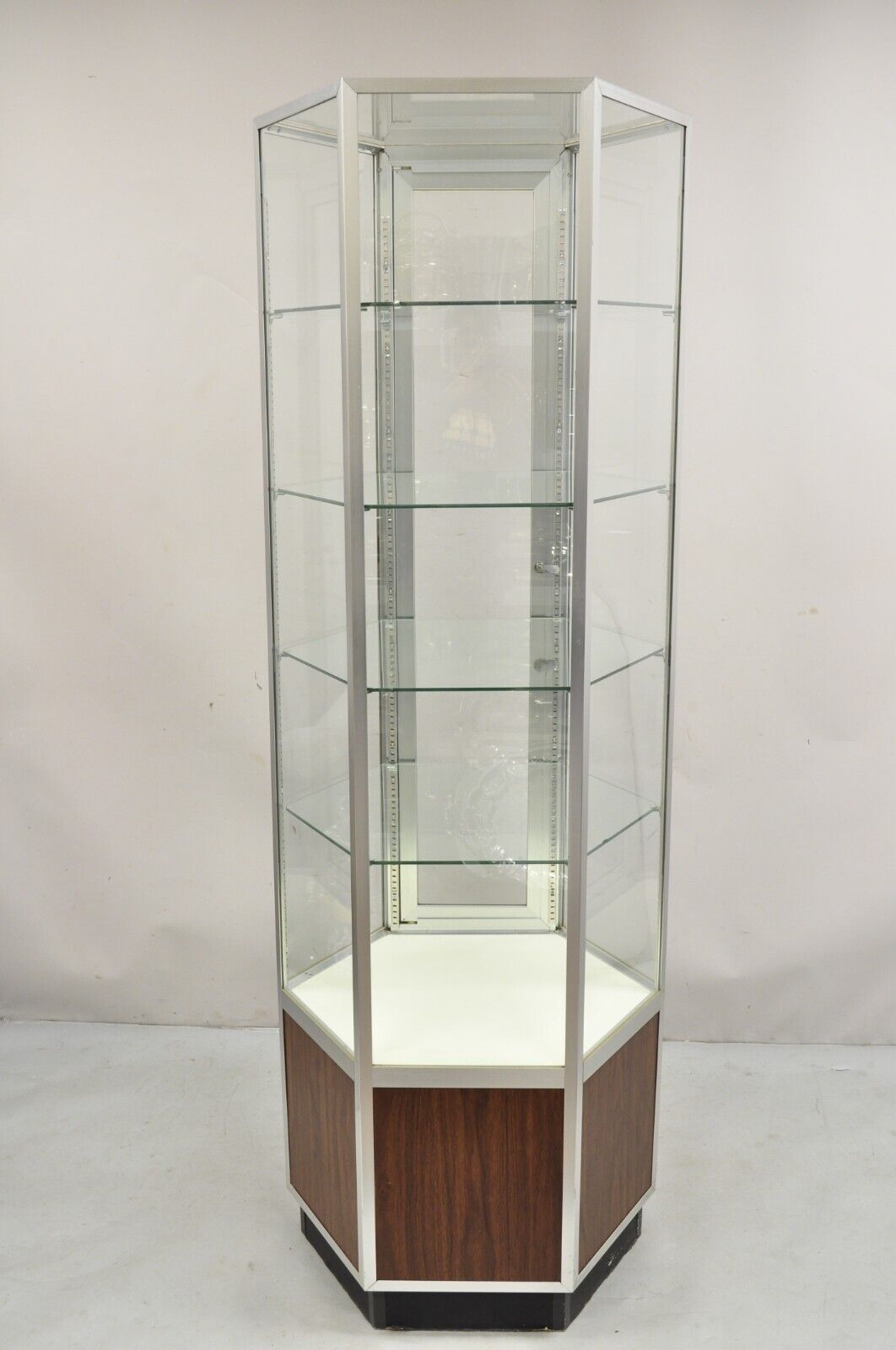 Vintage Hexagonal Modern Glass Retail Jewelry Tall Display Case Stand Showcase