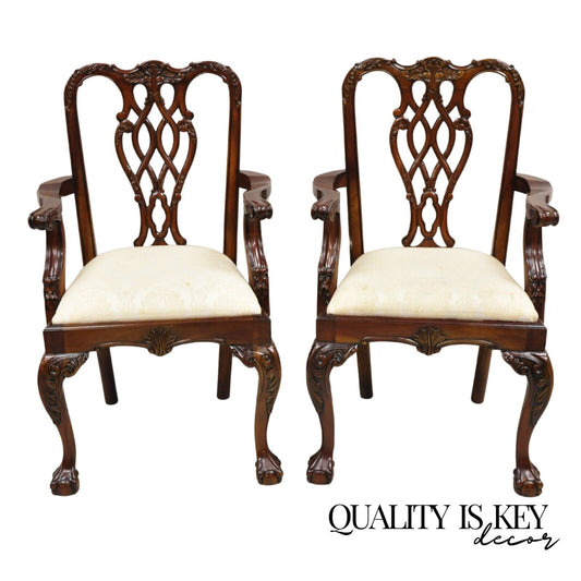English Chippendale Style Carved Mahogany Ball & Claw Dining Arm Chairs - a Pair