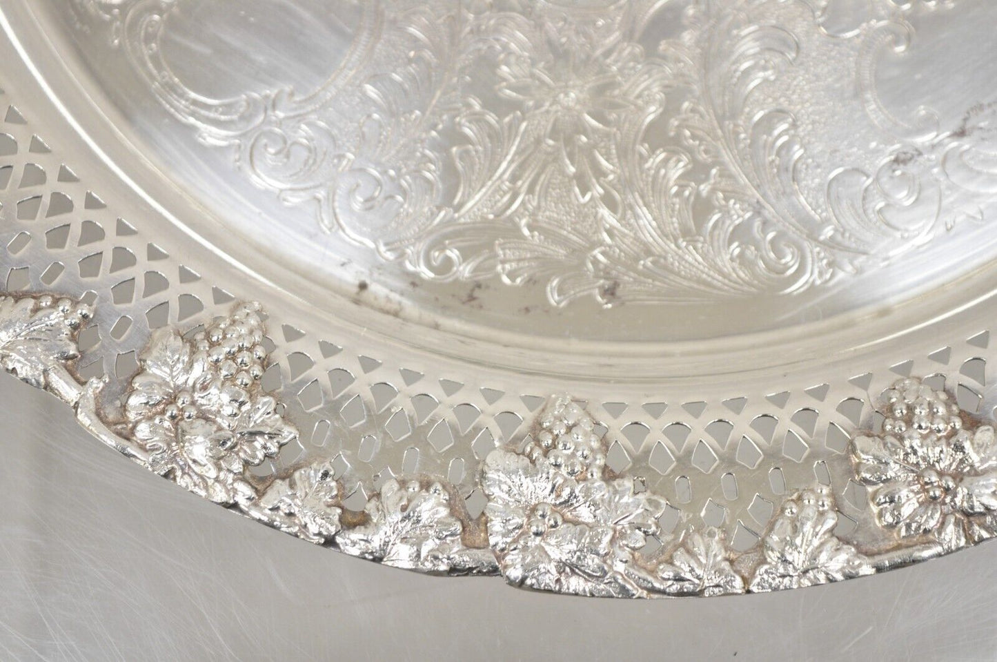 Vintage English Victorian Style Grapevine Fretwork Silver Plated 12" Round Tray