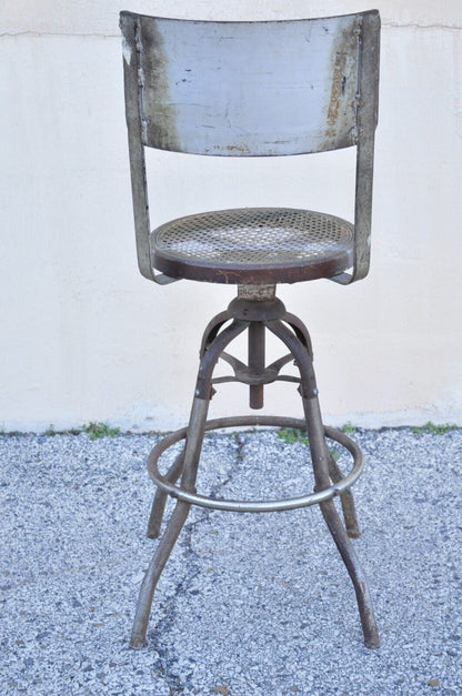 Antique American Industrial Metal Drafting Work Stool with Oak and Cane Seat