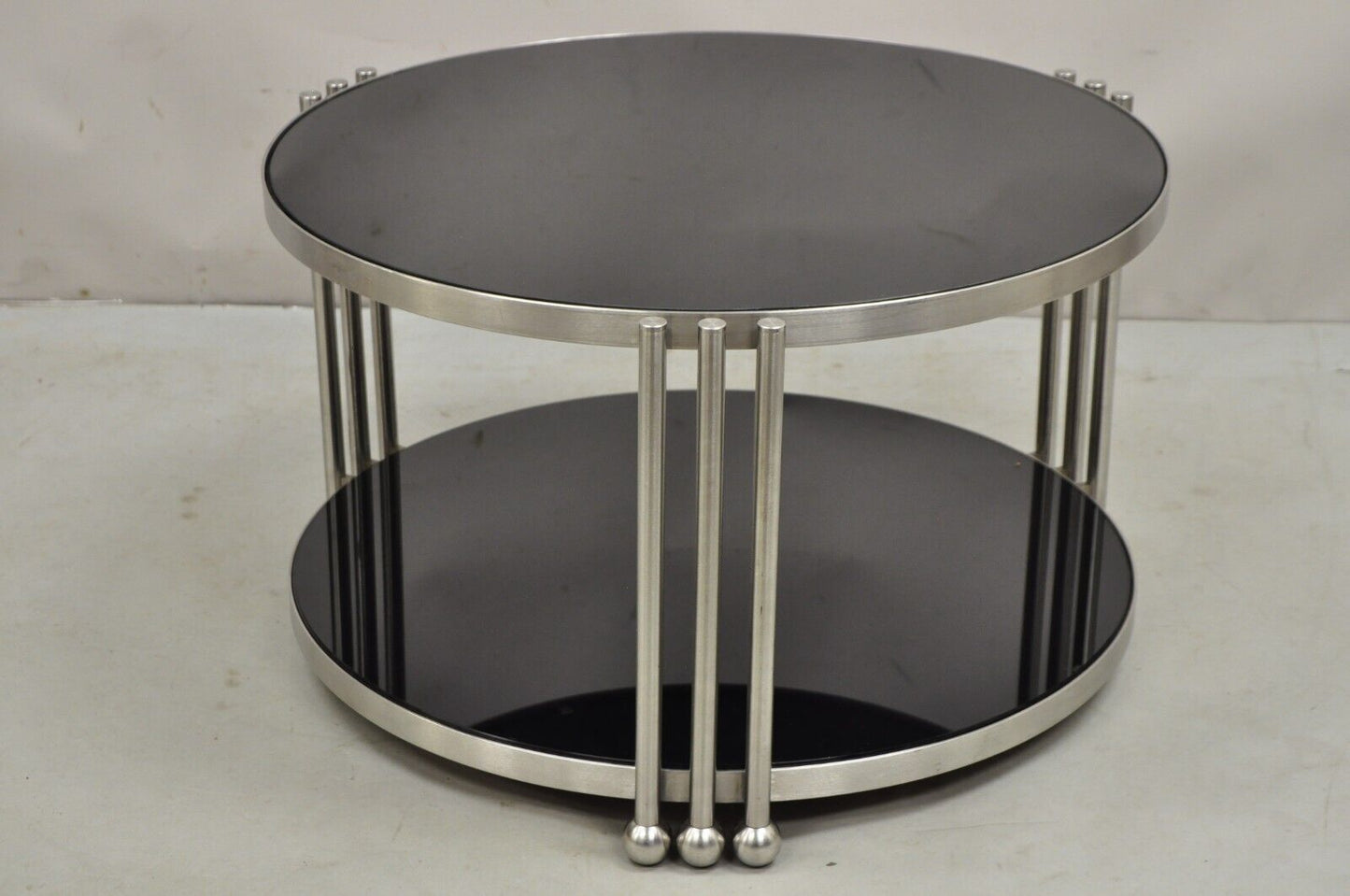Vintage Art Deco Style Steel and Smoked Glass 2 Tier Round Coffee Table