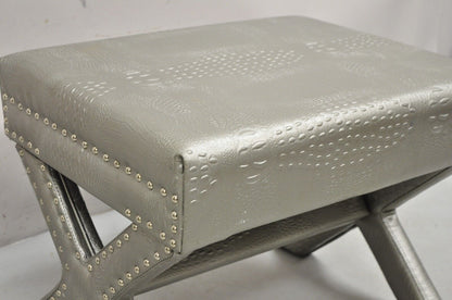 Decorator Hollywood Regency Faux Croc Silver X-Base Nailhead Trim Bench Stool