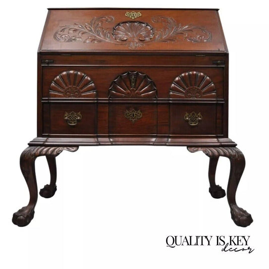 Georgian Chippendale Style Mahogany Block Front Shell Carved Secretary Desk