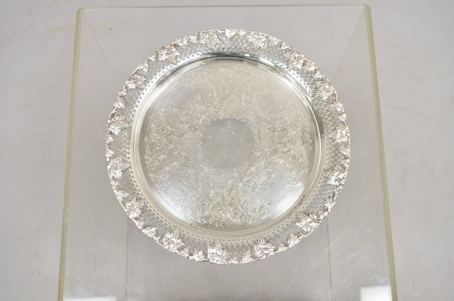 Vintage English Victorian Style Grapevine Fretwork Silver Plated 12" Round Tray