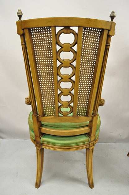 Vintage French Hollywood Regency Tall Cane Back Carved Link Chairs - a Pair