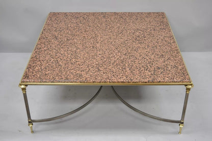 Italian Neoclassical Maison Jansen Style Steel & Brass Marble Top Coffee Table