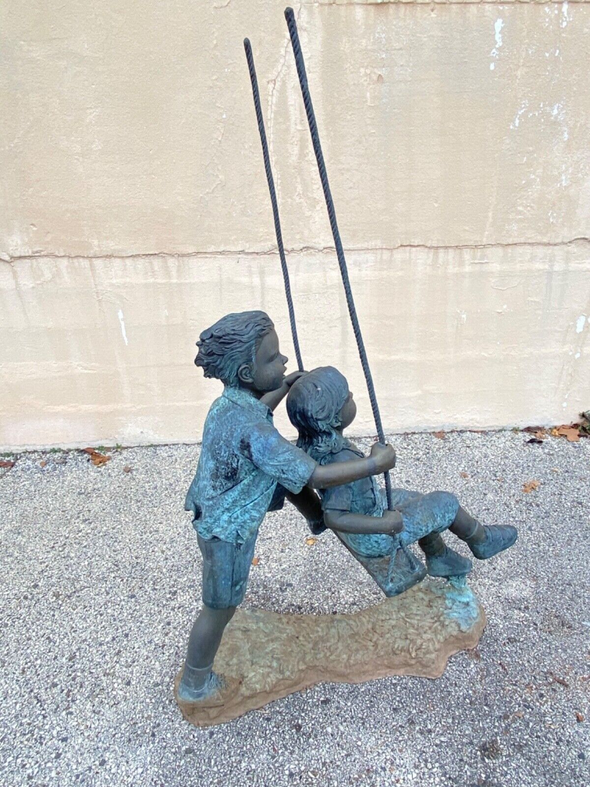 Bronze Boy and Girl Children Swinging Garden Outdoor Statue Sculpture