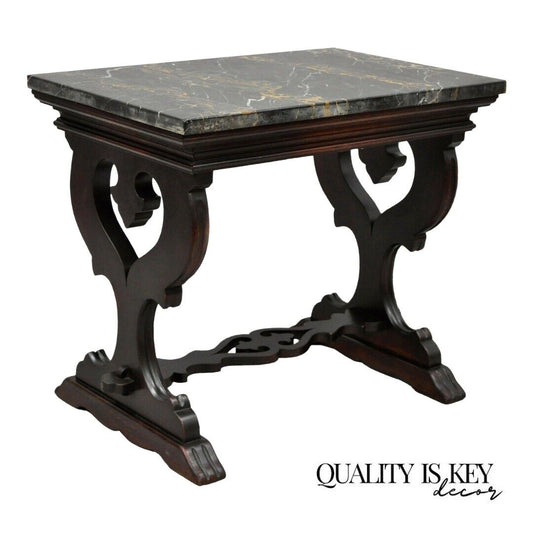 Antique Renaissance Style Carved Walnut Marble Top Side Table from Bloomingdales