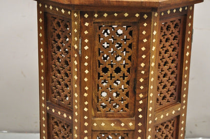 Vintage Anglo Indian Bone Inlay Octagonal Folding Mahogany Wood Side Table