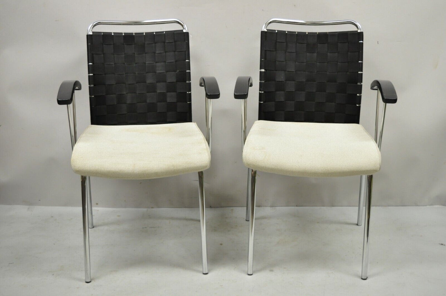 Vintage Mid Century Modern Italian Woven Back Chrome Frame Arm Chairs - a Pair