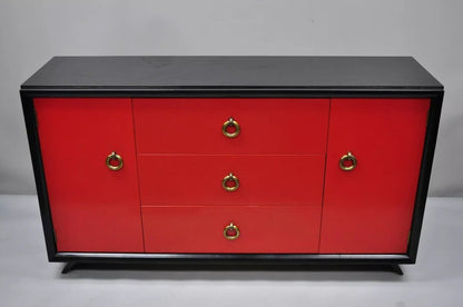 Mid Century Modern Art Deco Black and Red Credenza Cabinet Sideboard by Harjer