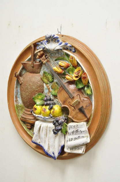 Vintage Italian Regency Style Glazed Terracotta Fruit & Violin Wall Art Plaque