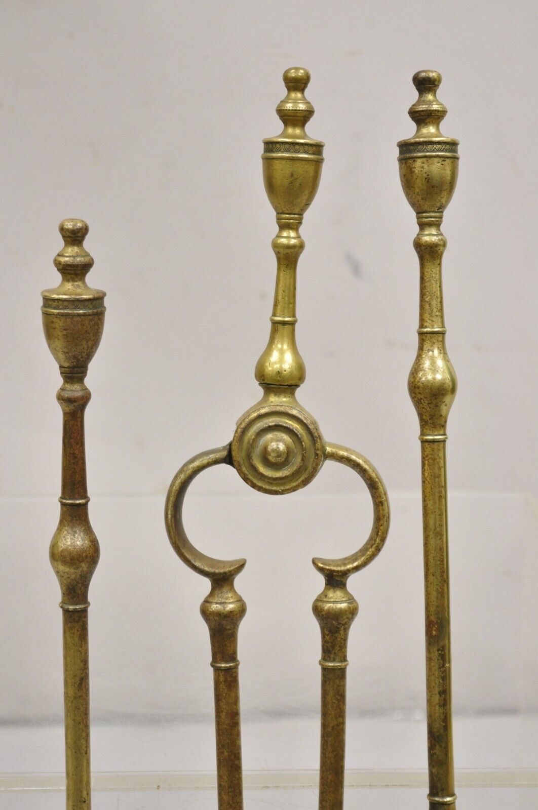 Antique English Federal Sheraton Brass Urn Finial Fireplace Tool Set (A) - 3 Pcs