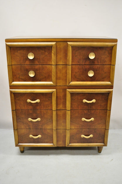 Joerns Bros Art Deco Mid Century Burl Walnut Tall Chest Dresser