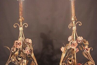 Pair of Antique Italian Tole Metal Hand painted Floral Table Lamps