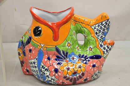 Vintage Mexican Talavera Blue Orange Hand Painted Pottery Fish Planters - a Pair