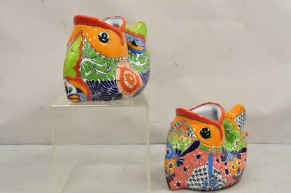 Vintage Mexican Talavera Blue Orange Hand Painted Pottery Fish Planters - a Pair