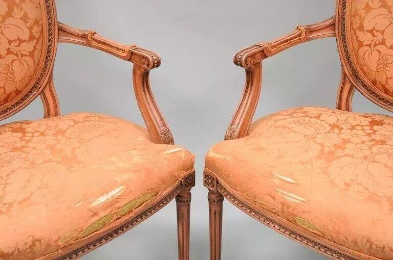 French Louis XVI Style Pink Distress Painted Oval Back Dining Arm Chairs - Pair