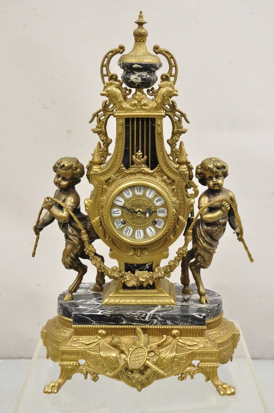 Vintage French Louis XV Style Brevetatto Italy Brass & Marble Figural Clock Set