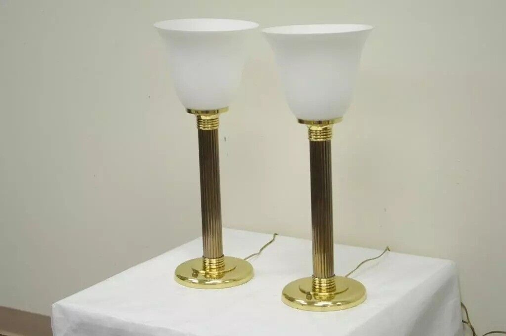 Vintage Brass & Glass Fluted Column Hollywood Regency Empire Table Lamps - Pair