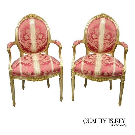 French Louis XVI Style Silver Gold Gilt Pink Damask Oval Back Arm Chairs - Pair