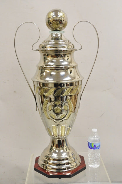 Large Modern Soccer Futbol Twin Handle Silver Metal Trophy Cup Award With Ball