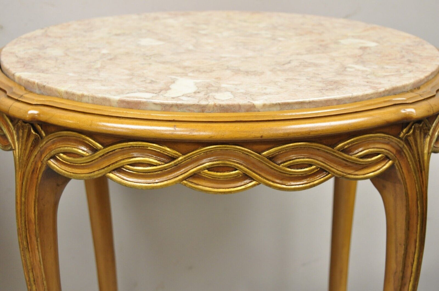 French Provincial Hollywood Regency Round Pink Marble Top Side Tables - a Pair