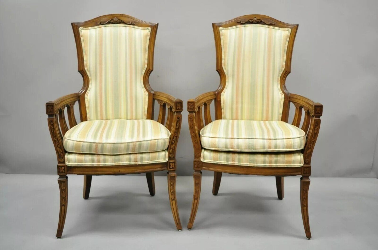 Vintage French Provincial Hollywood Regency Tall Back Lounge Arm Chairs - a Pair