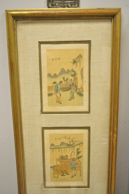 Vintage Asian Oriental Framed Prints with Narrow Gold Frames - a Pair