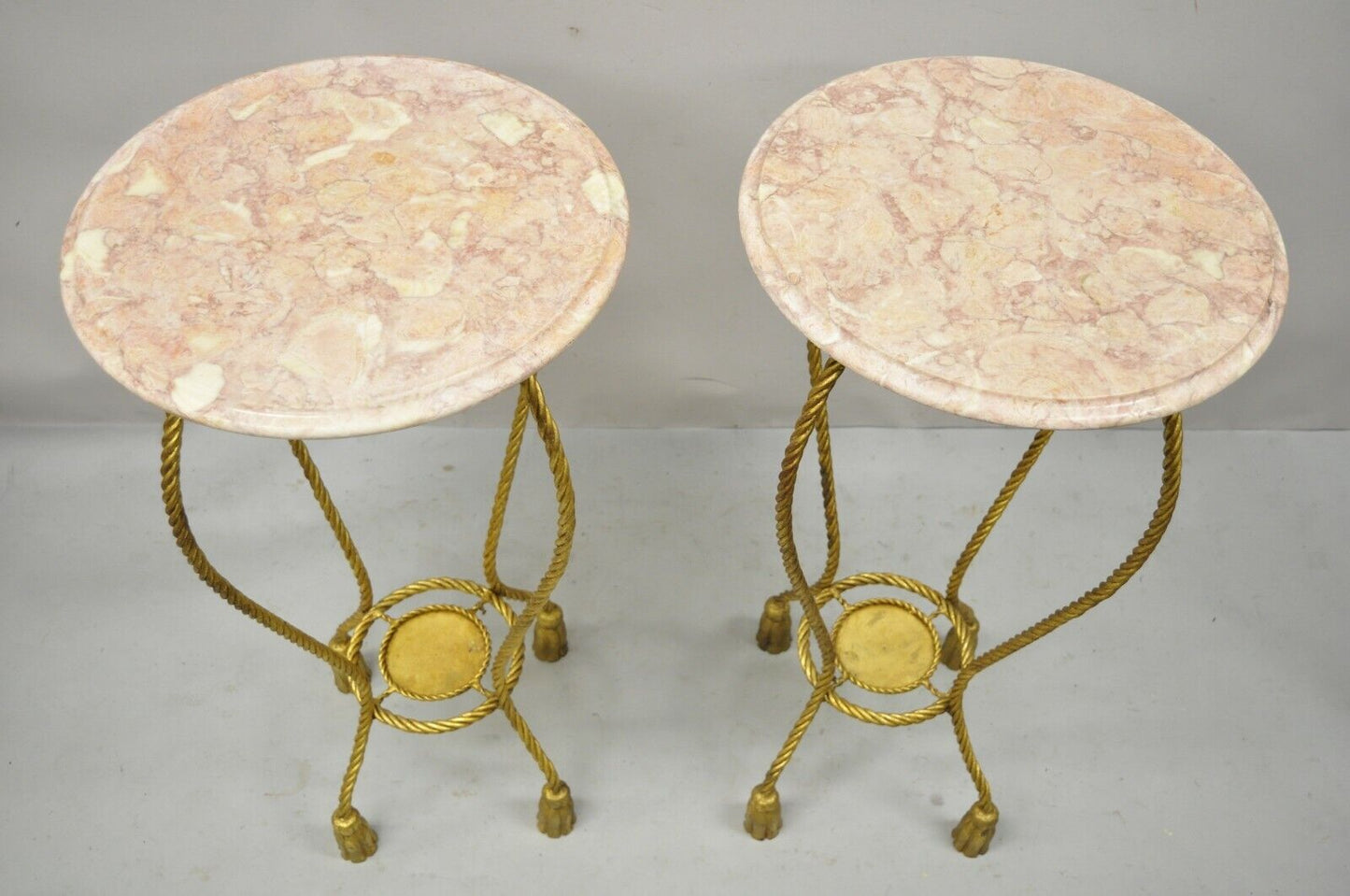 Italian Gold Gilt Iron Rope Tassel Marble Top Tall Pedestal Plant Stand - a Pair