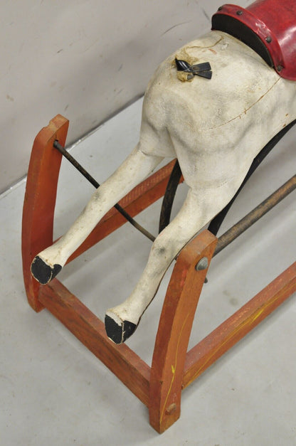 Antique Victorian Rocking Horse Glider Childs Toy Carved Wood White Red Painted