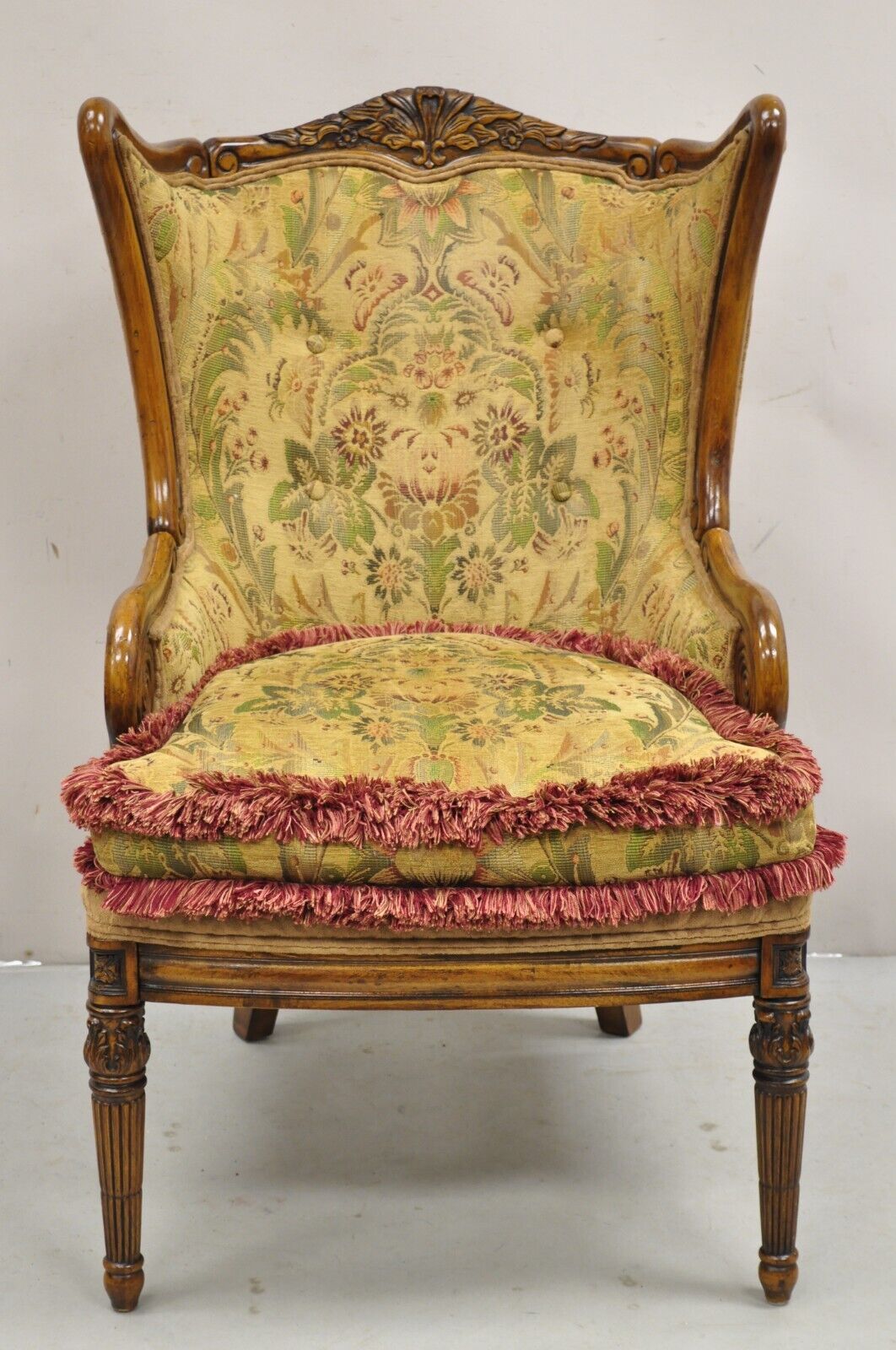 Italian Renaissance Style Carved Wingback Upholstered Armchair