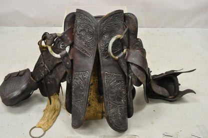 Vintage Brown Tooled Leather Floral Embossed 15" Seat Horse Saddle